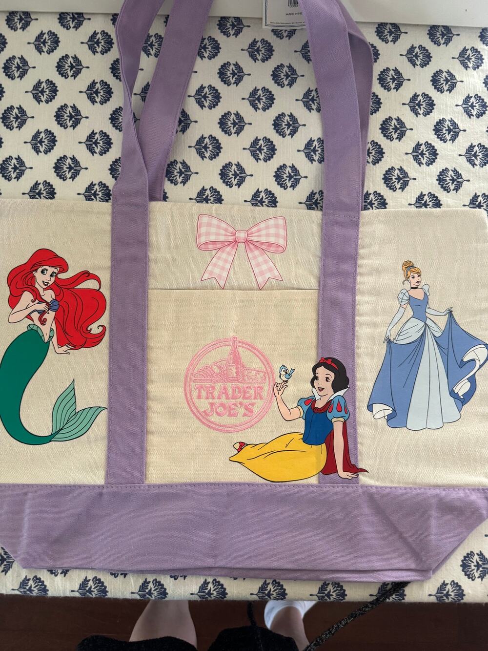 Disney Princess Custom Made Trader Joes Large Purple Tote Belle, Ariel, Rapunzel